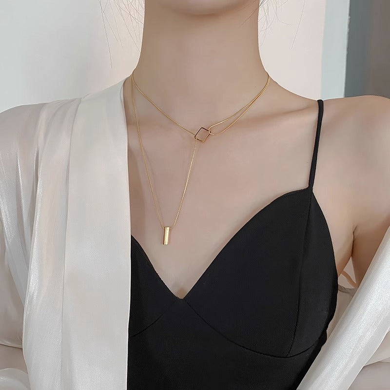 Luxe Titanium Steel Gold Snake Bone Layered Necklace | Non-Tarnish Geometric Square & Bar Pendant | Adjustable Minimalist Jewelry for Women Luxamart . Shop