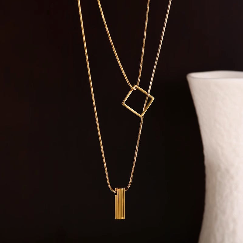 Luxe Titanium Steel Gold Snake Bone Layered Necklace | Non-Tarnish Geometric Square & Bar Pendant | Adjustable Minimalist Jewelry for Women Luxamart . Shop