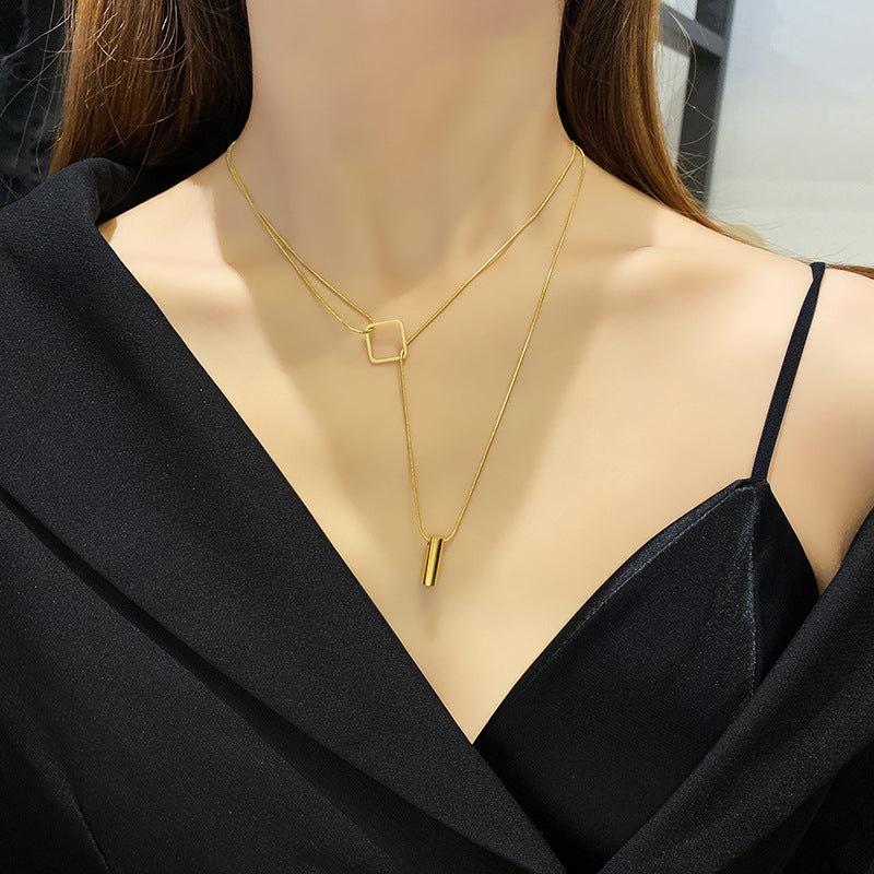 Luxe Titanium Steel Gold Snake Bone Layered Necklace | Non-Tarnish Geometric Square & Bar Pendant | Adjustable Minimalist Jewelry for Women Luxamart . Shop
