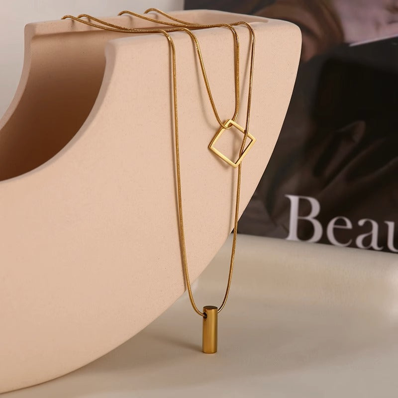 Luxe Titanium Steel Gold Snake Bone Layered Necklace | Non-Tarnish Geometric Square & Bar Pendant | Adjustable Minimalist Jewelry for Women Luxamart . Shop